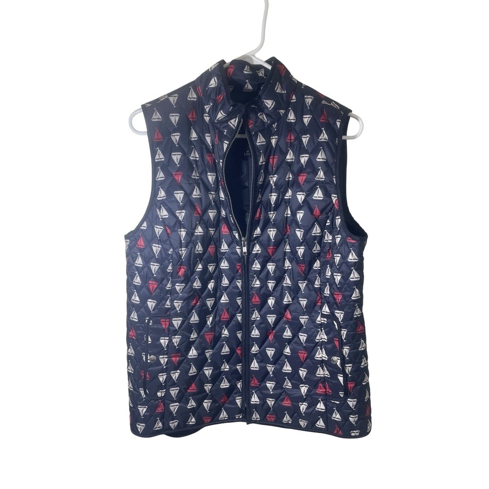 Talbots sailboat print quilted puffer vest M pockets nautical coastal‎ lake prep